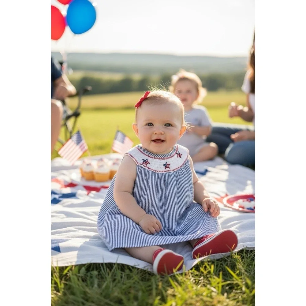 Goodland Baby Girls Beach Seersucker Smocked Dress 3 6‎ Months Red White Blue M